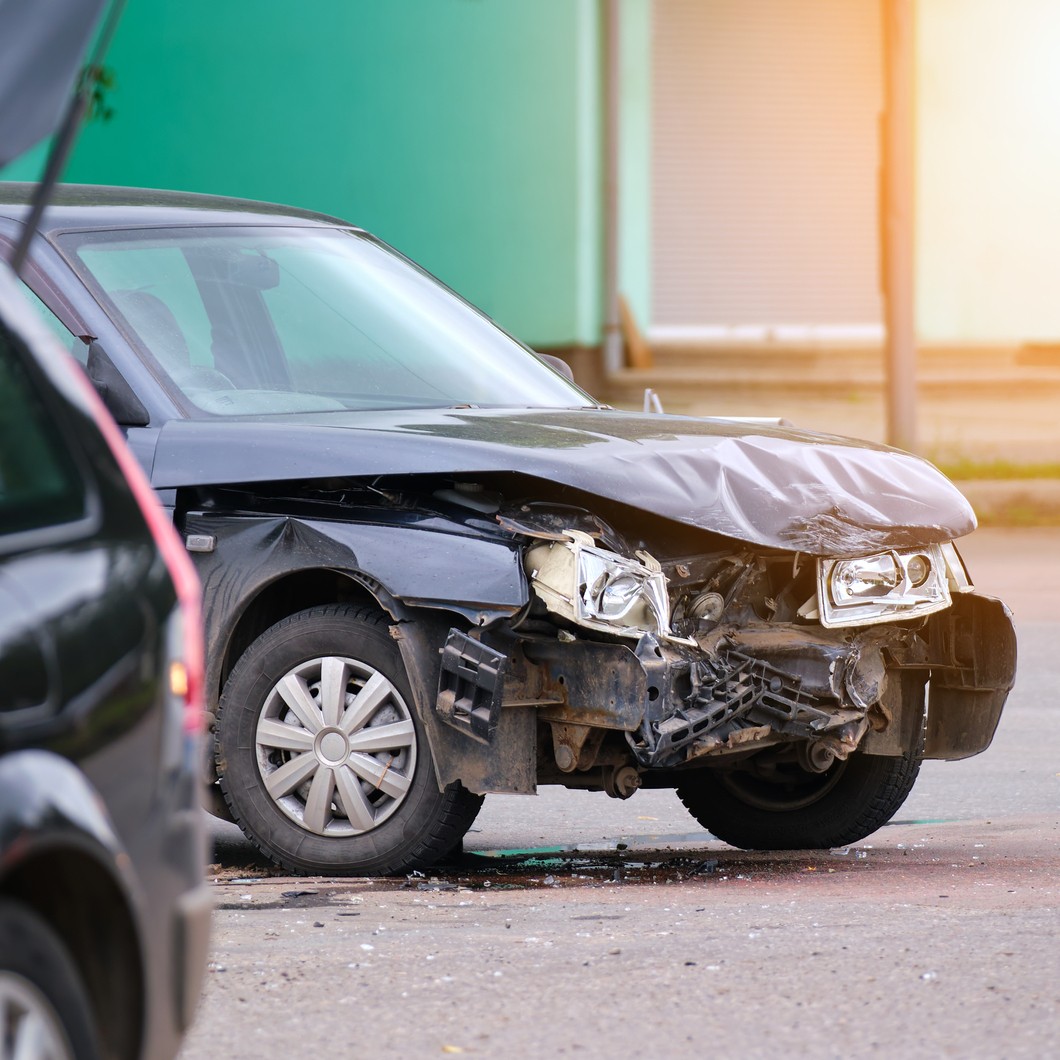 Front-end damage to a car after an accident